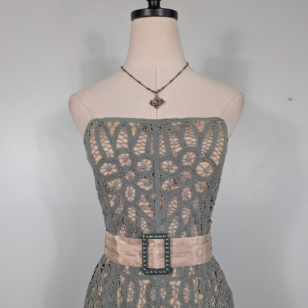 Vintage Betsey Johnson Midi Dress 10 Green 90s Y2K Crochet Lace Grunge Strapless - Picture 7 of 16